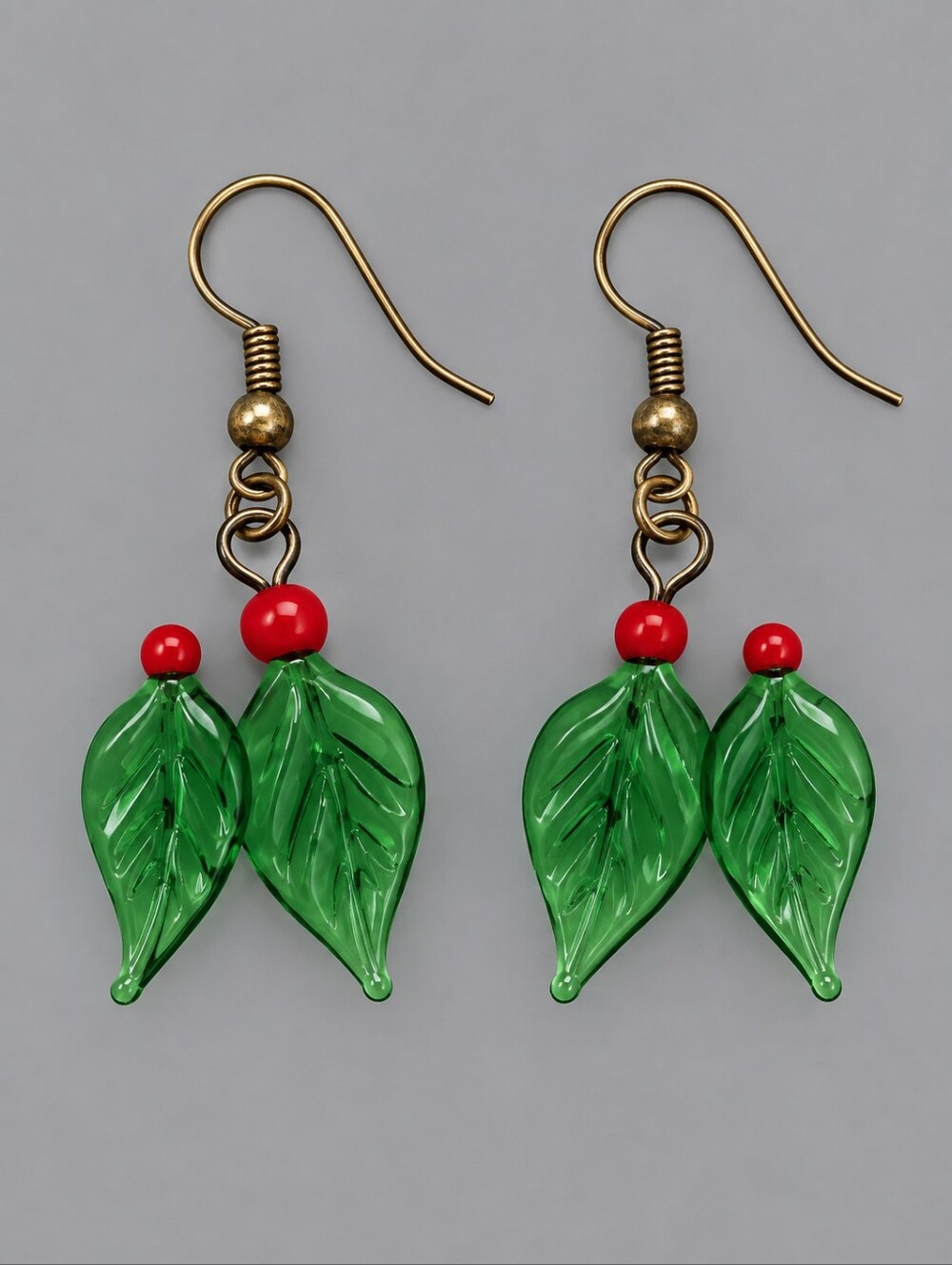 Vintage Dainty Handblown Glass Holly Leaves Dangle Hook Earrings